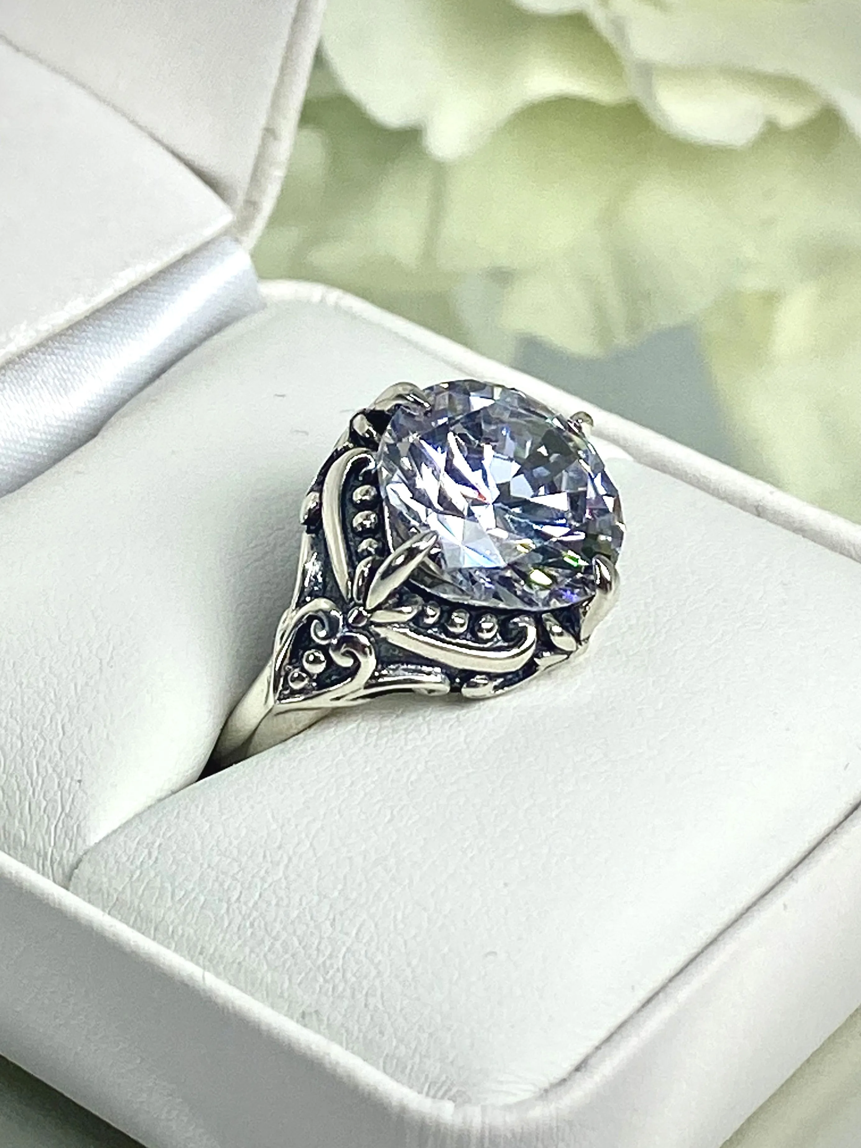 6ct White CZ Ring, Victorian Filigree, Round Cut Orb Design, D82