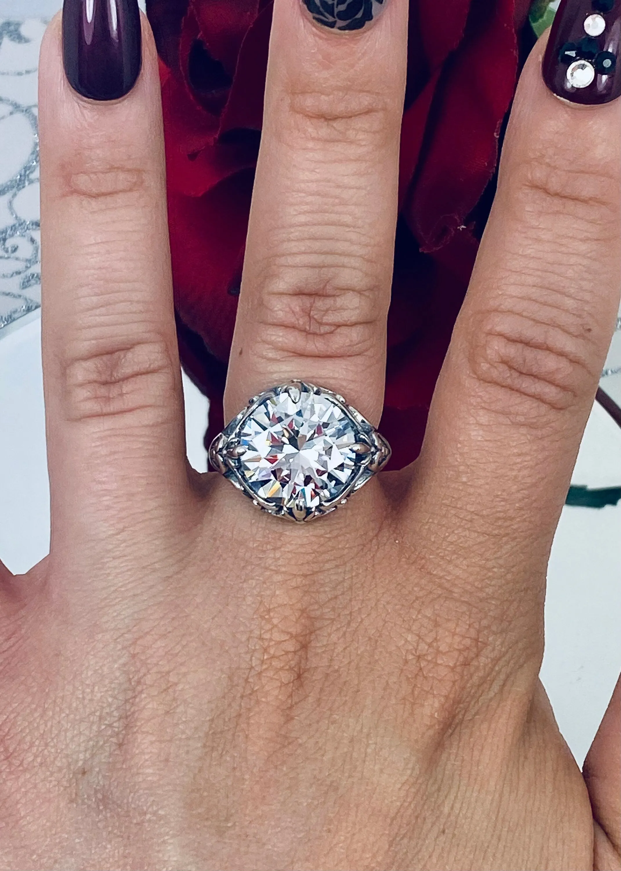 6ct White CZ Ring, Victorian Filigree, Round Cut Orb Design, D82