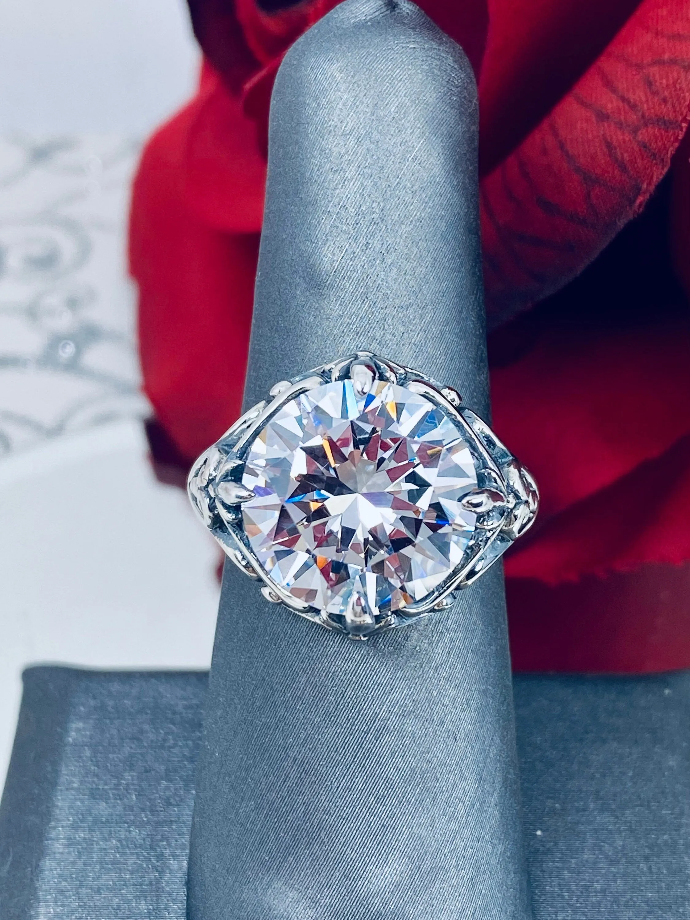 6ct White CZ Ring, Victorian Filigree, Round Cut Orb Design, D82