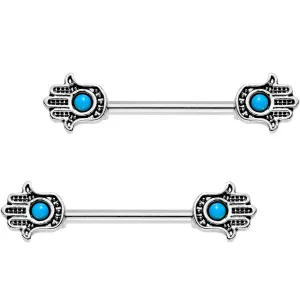 9/16 Blue Orb Hamsa Hand Barbell Nipple Ring Set