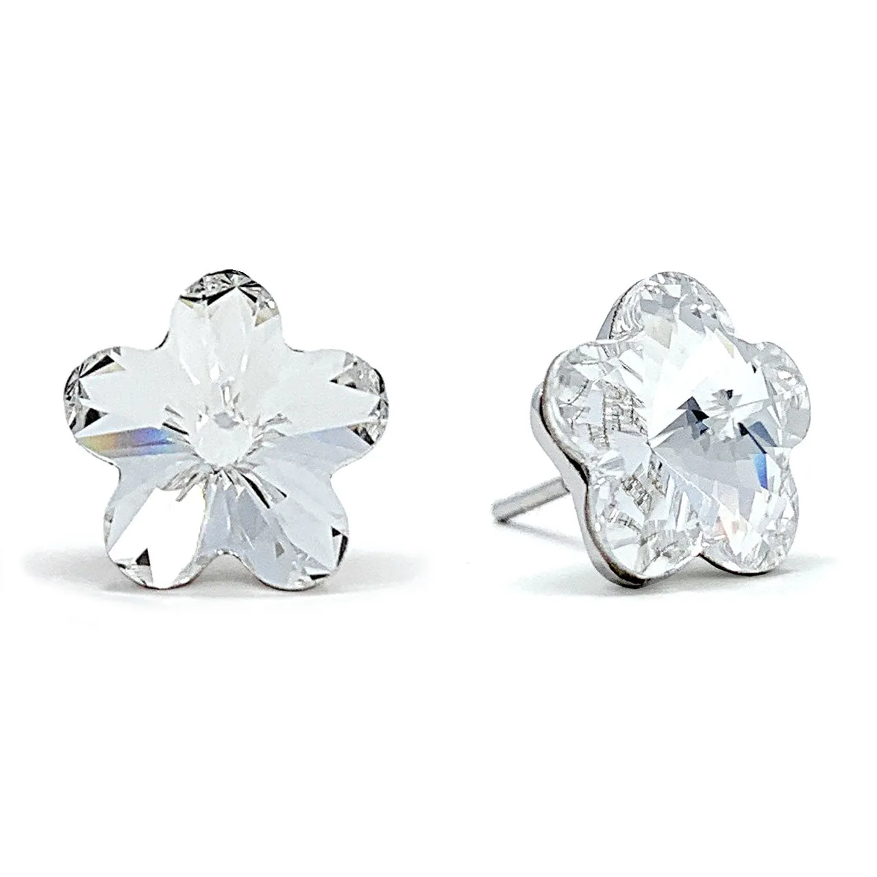 Anna Stud Earrings with White Clear Flower Crystals from Swarovski Silver Toned Rhodium Plated
