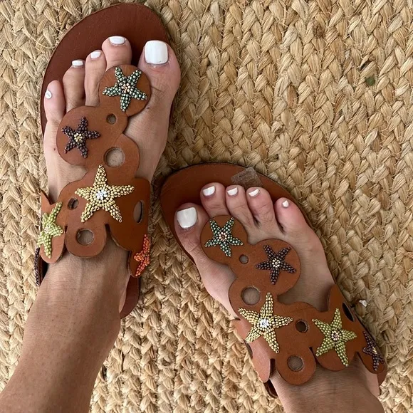 Anthropologie New Hand Beaded Laidback London Stars Camel Flat Sandal Coachella