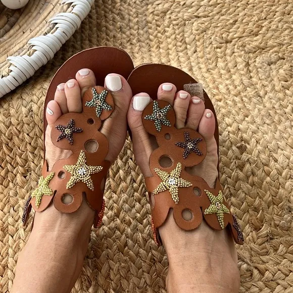 Anthropologie New Hand Beaded Laidback London Stars Camel Flat Sandal Coachella