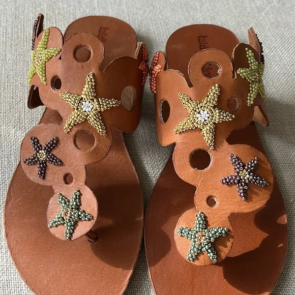 Anthropologie New Hand Beaded Laidback London Stars Camel Flat Sandal Coachella