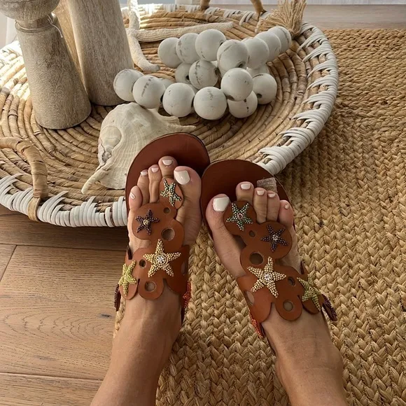 Anthropologie New Hand Beaded Laidback London Stars Camel Flat Sandal Coachella