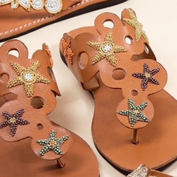 Anthropologie New Hand Beaded Laidback London Stars Camel Flat Sandal Coachella
