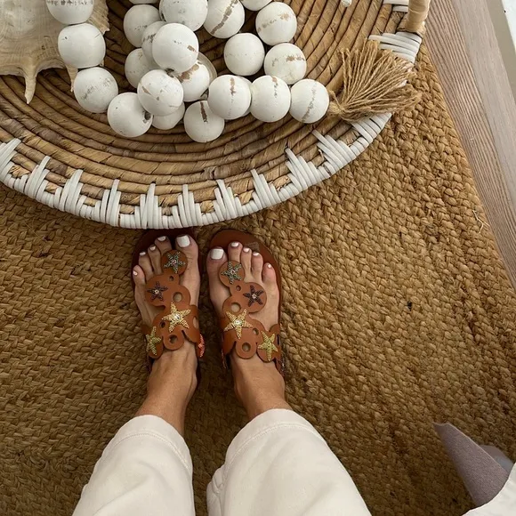 Anthropologie New Hand Beaded Laidback London Stars Camel Flat Sandal Coachella