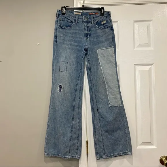 Anthropologie Pilcro The Laidback Flare Jeans Blue Denim Patchwork Size 26