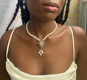 Antique Gold Chantilly Pearl and Rhinestone Crystal Necklace