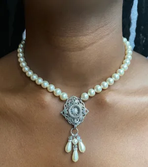 Antique Silver Chantilly Pearl and Rhinestone Crystal Necklace