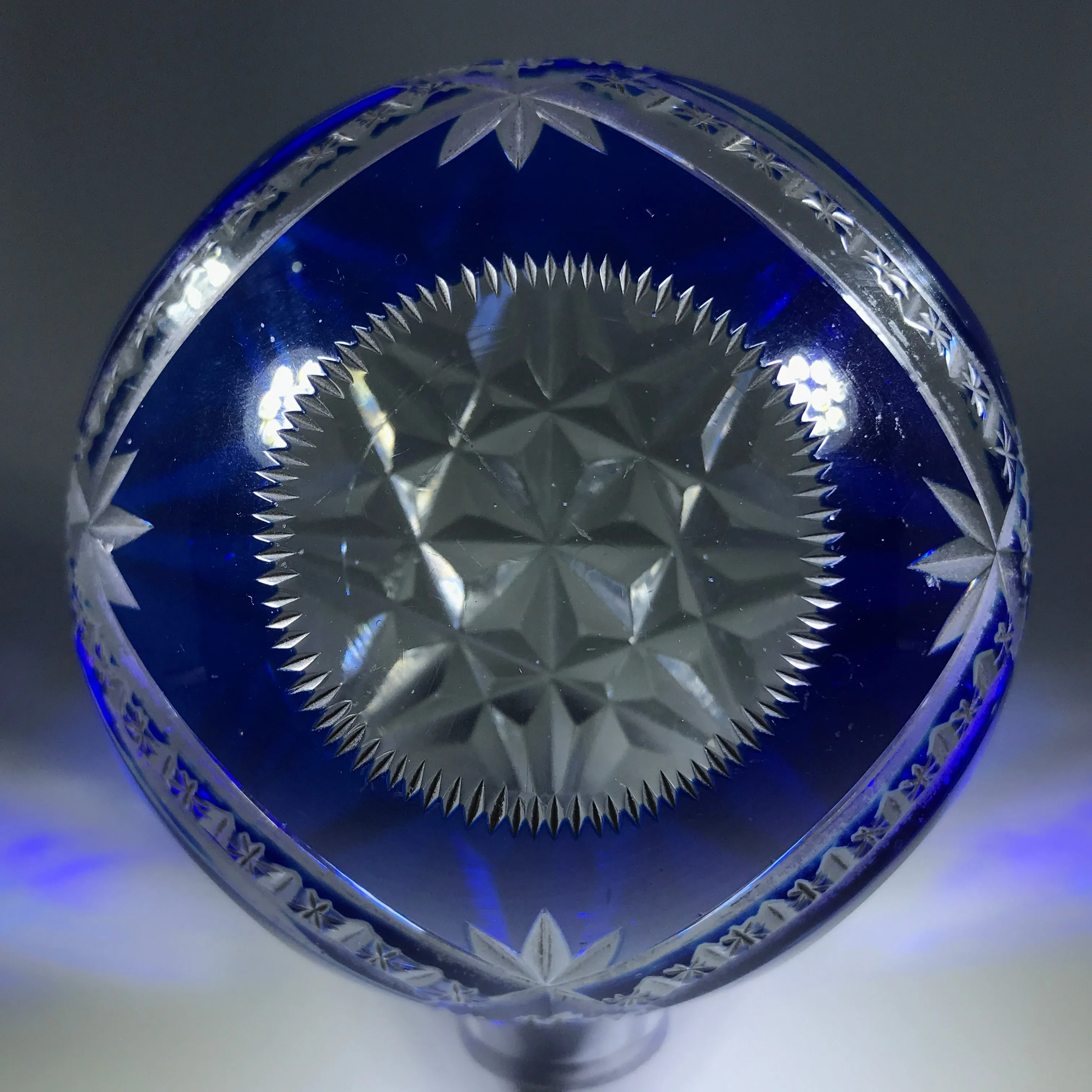 Antique Val St Lambert Art Glass Paperweight Fancy Faceted Blue Flash Overlay