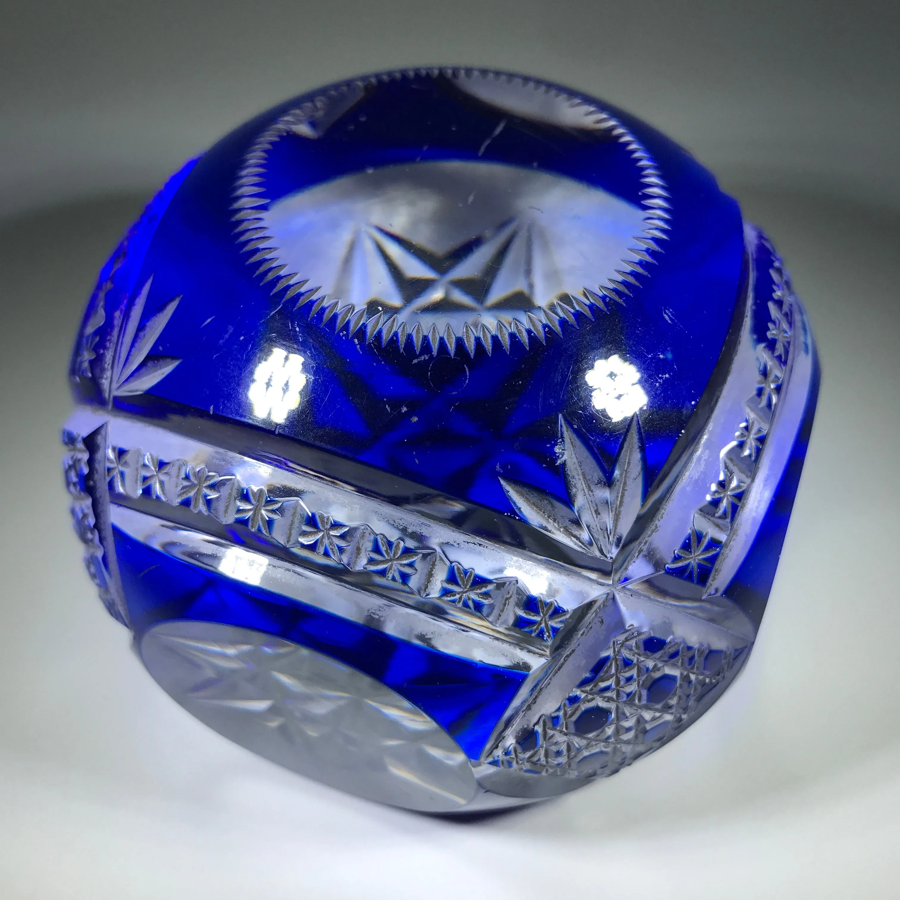 Antique Val St Lambert Art Glass Paperweight Fancy Faceted Blue Flash Overlay