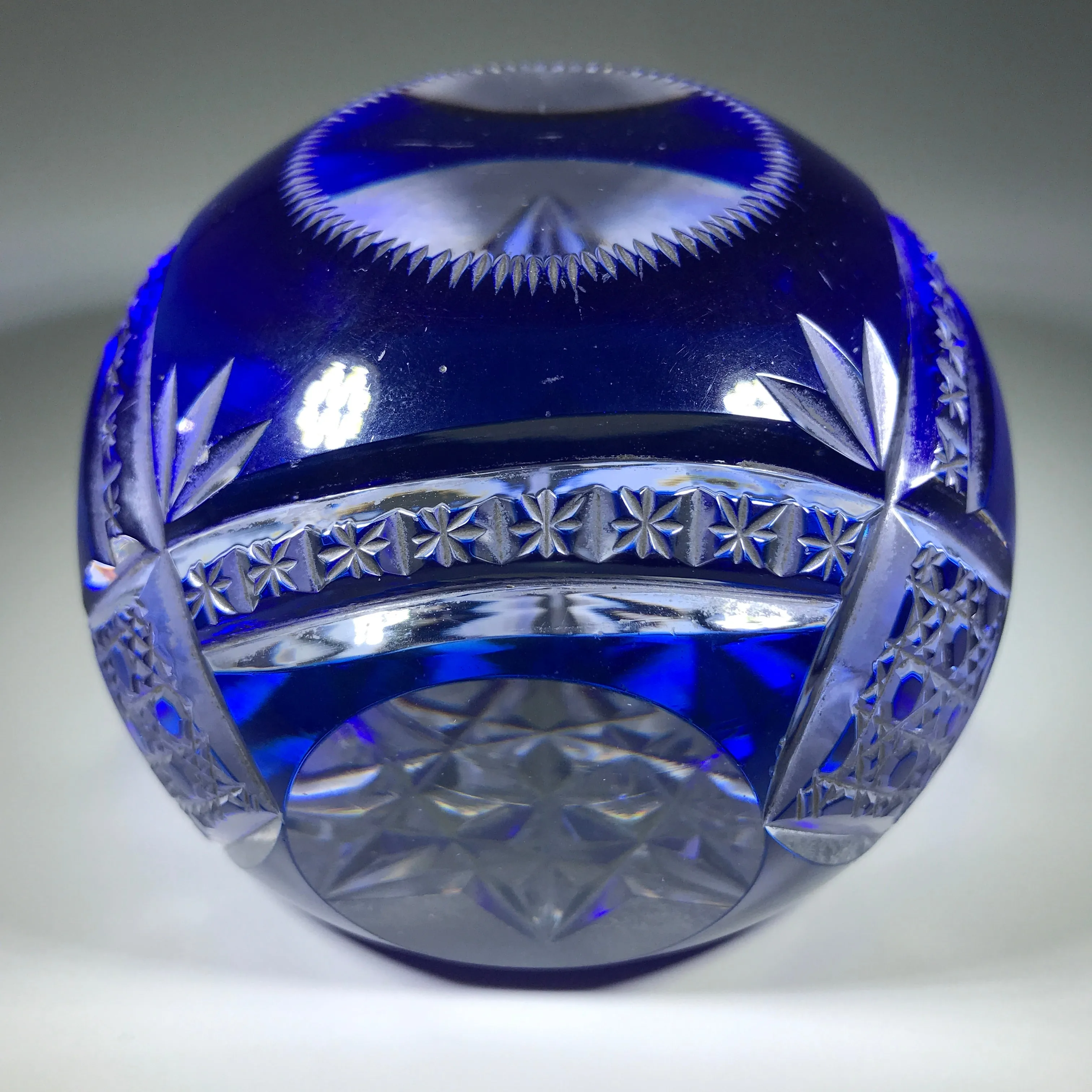 Antique Val St Lambert Art Glass Paperweight Fancy Faceted Blue Flash Overlay