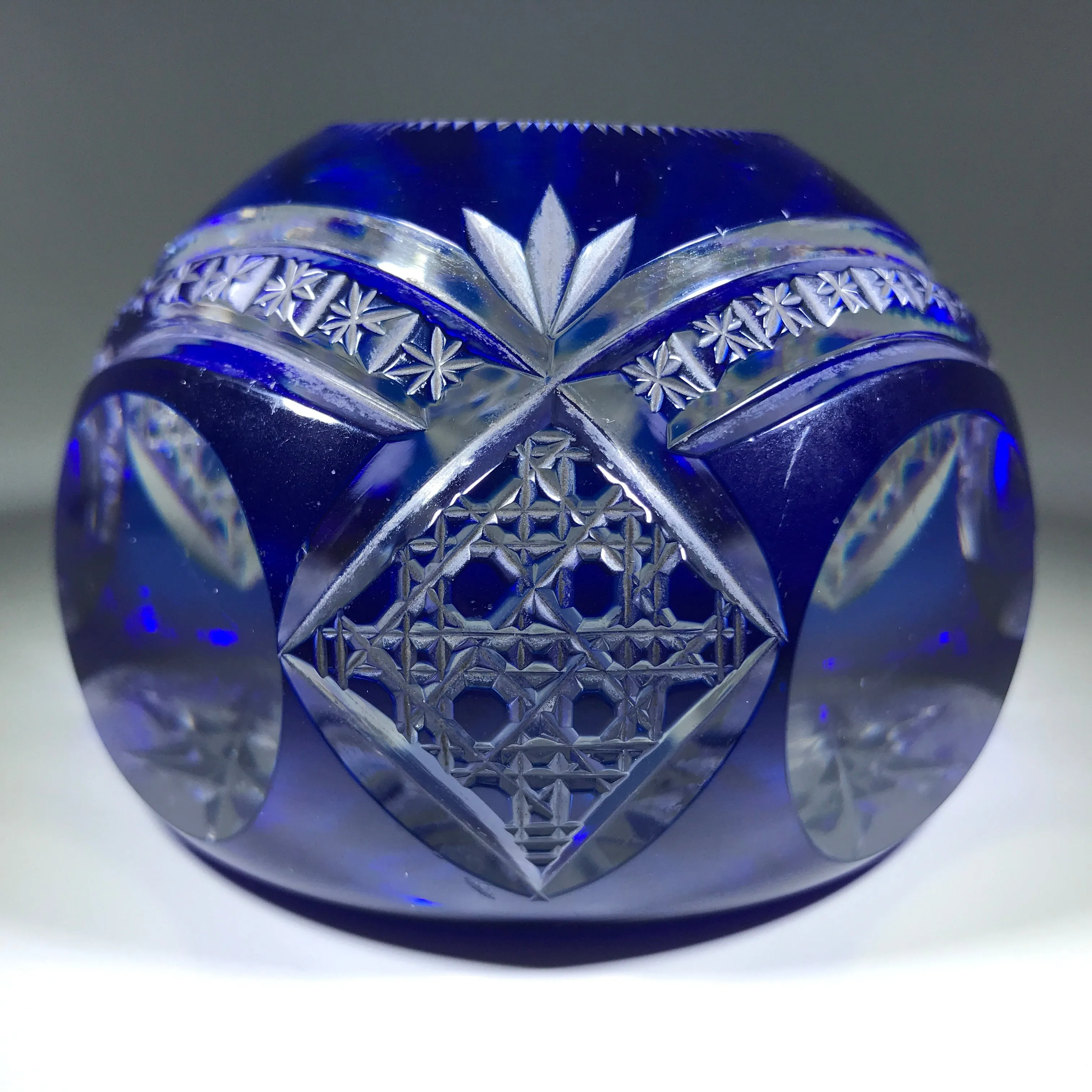Antique Val St Lambert Art Glass Paperweight Fancy Faceted Blue Flash Overlay