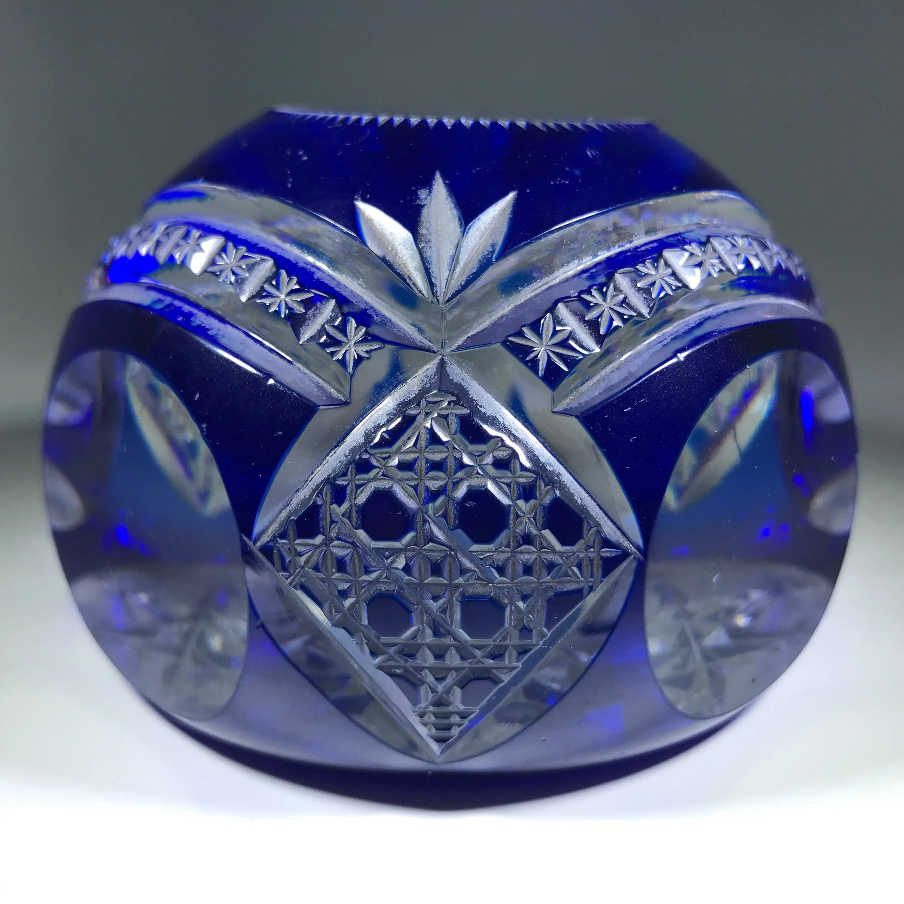 Antique Val St Lambert Art Glass Paperweight Fancy Faceted Blue Flash Overlay