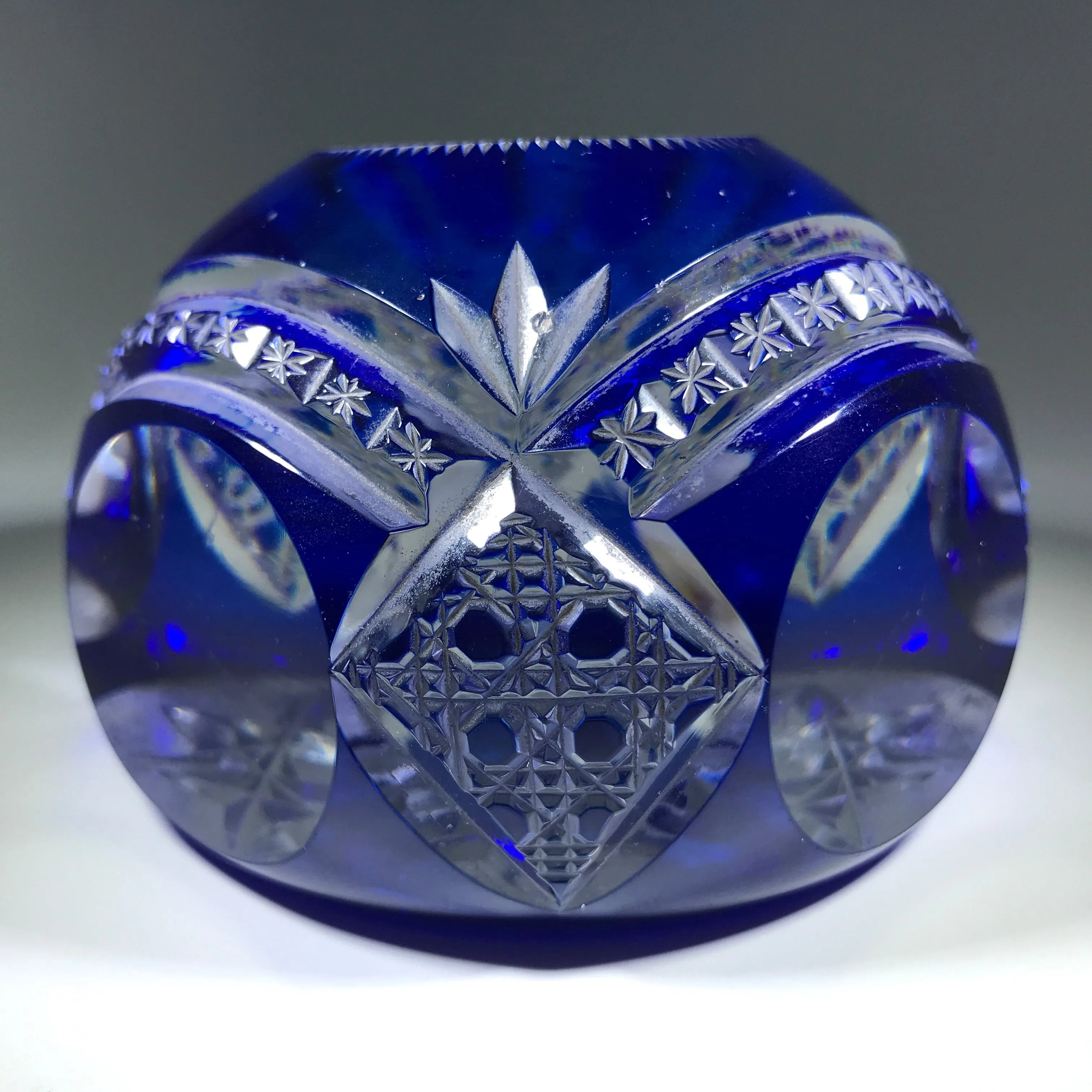 Antique Val St Lambert Art Glass Paperweight Fancy Faceted Blue Flash Overlay