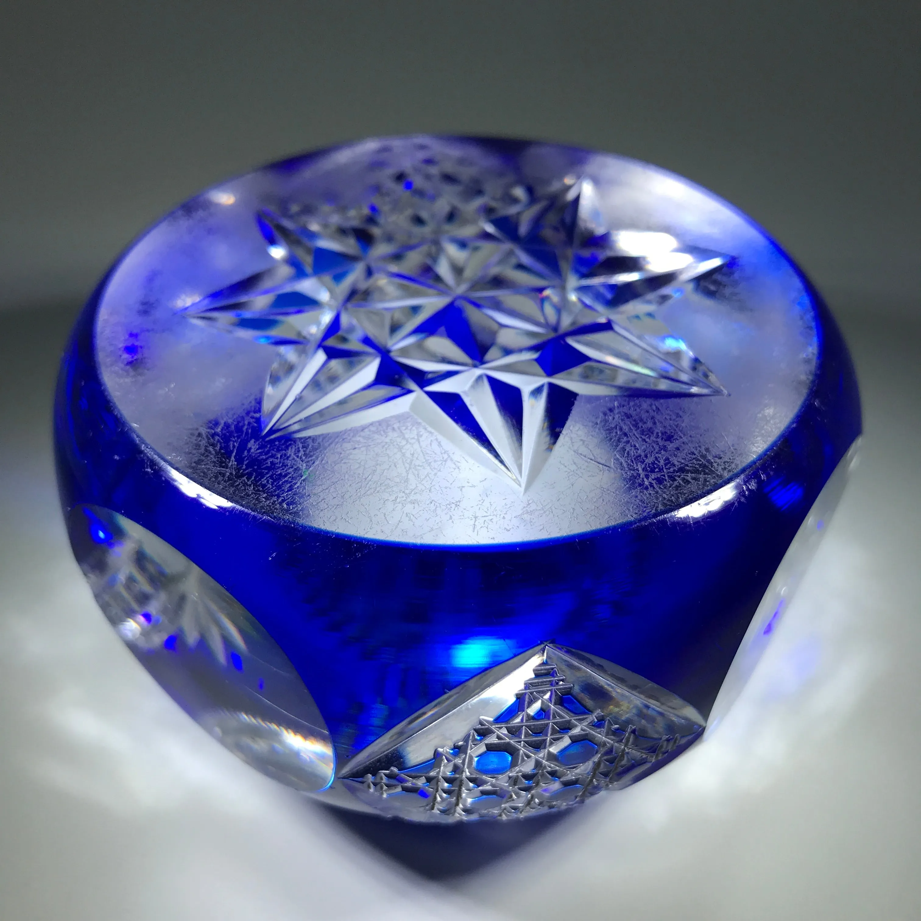 Antique Val St Lambert Art Glass Paperweight Fancy Faceted Blue Flash Overlay