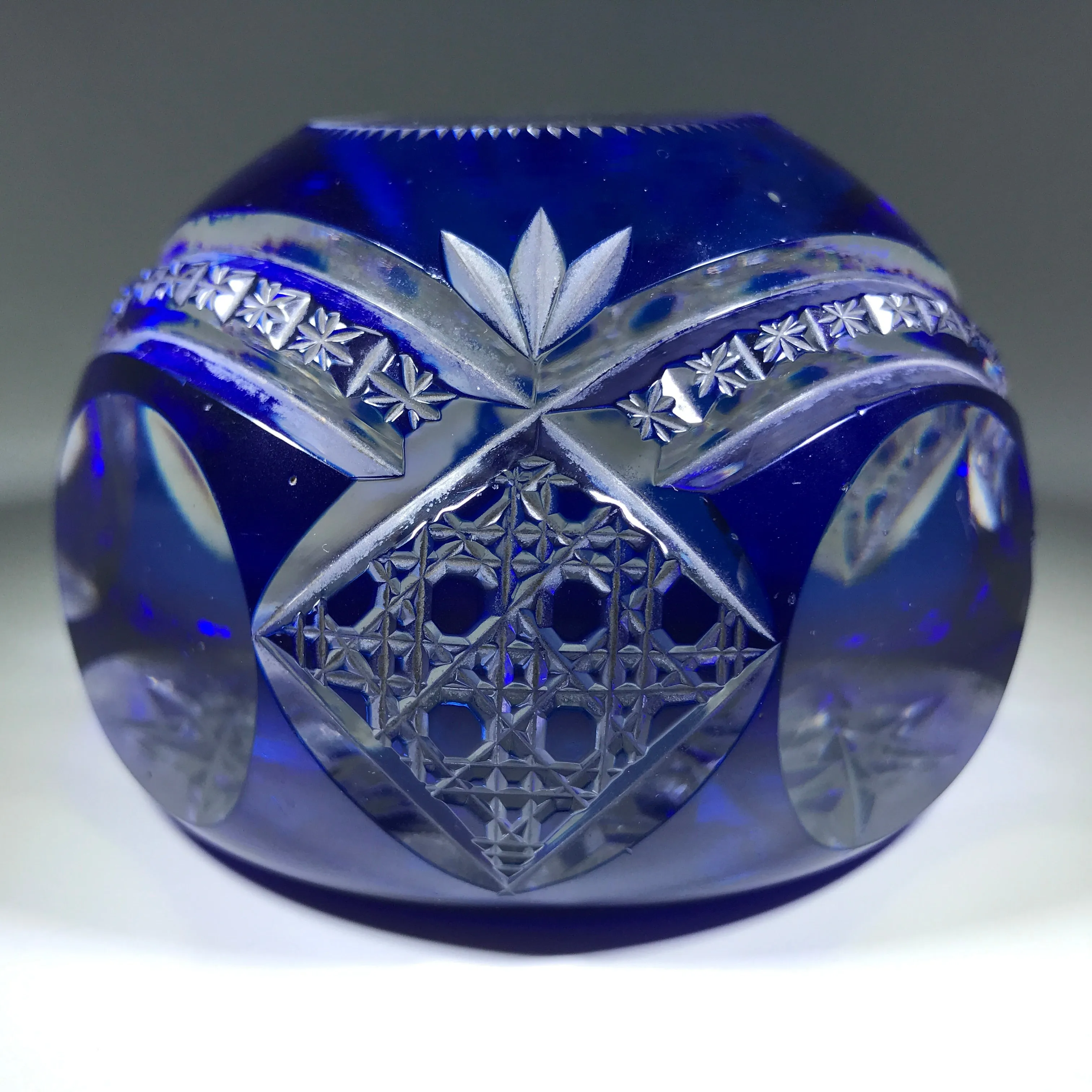 Antique Val St Lambert Art Glass Paperweight Fancy Faceted Blue Flash Overlay