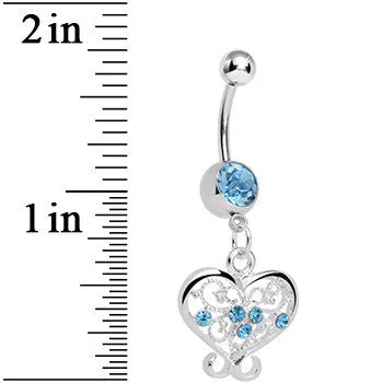 Aqua Gem Opulent Scrolled Heart Dangle Belly Ring