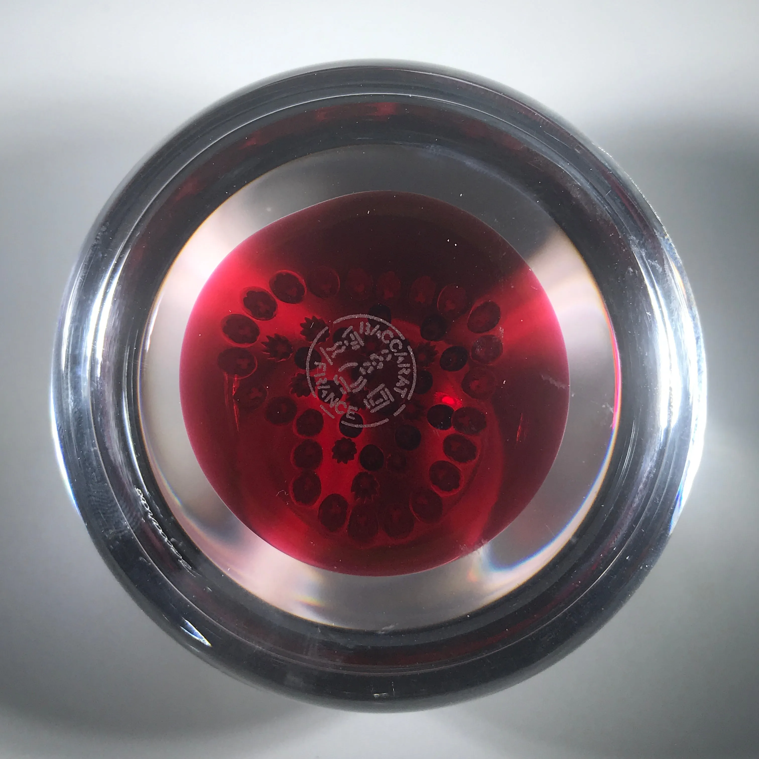 Baccarat 1996 Art Glass Paperweight Heart Patterned Millefiori on Transparent Ruby Ground
