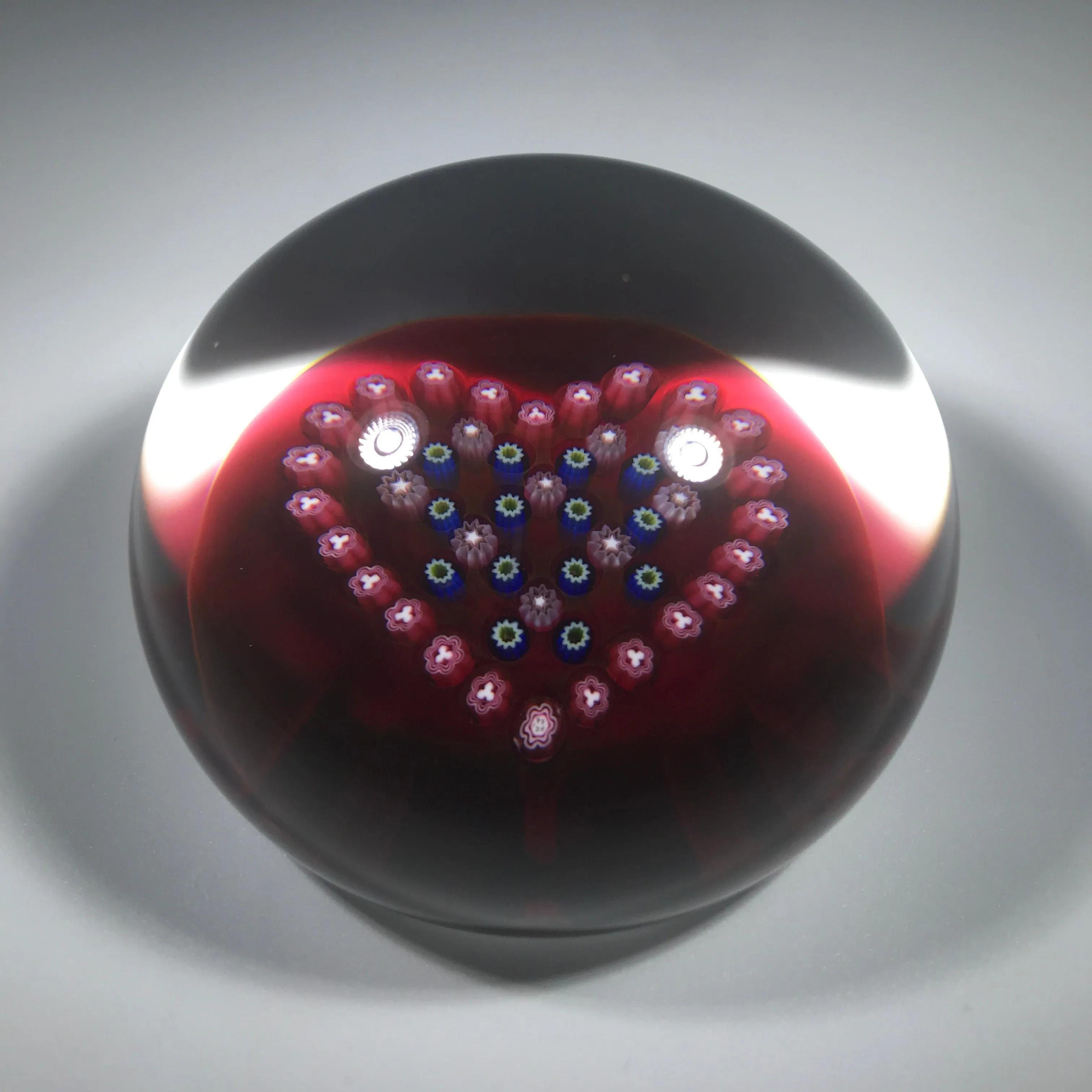 Baccarat 1996 Art Glass Paperweight Heart Patterned Millefiori on Transparent Ruby Ground