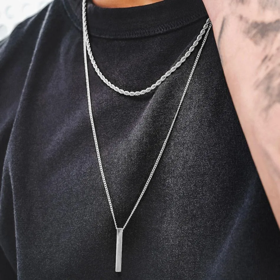 Bar & Rope Necklace Set Silver - 2 Pack