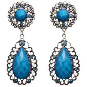 Blue Silver Faceted Teardrop Rhinestone Earrings