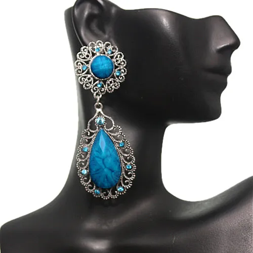 Blue Silver Faceted Teardrop Rhinestone Earrings