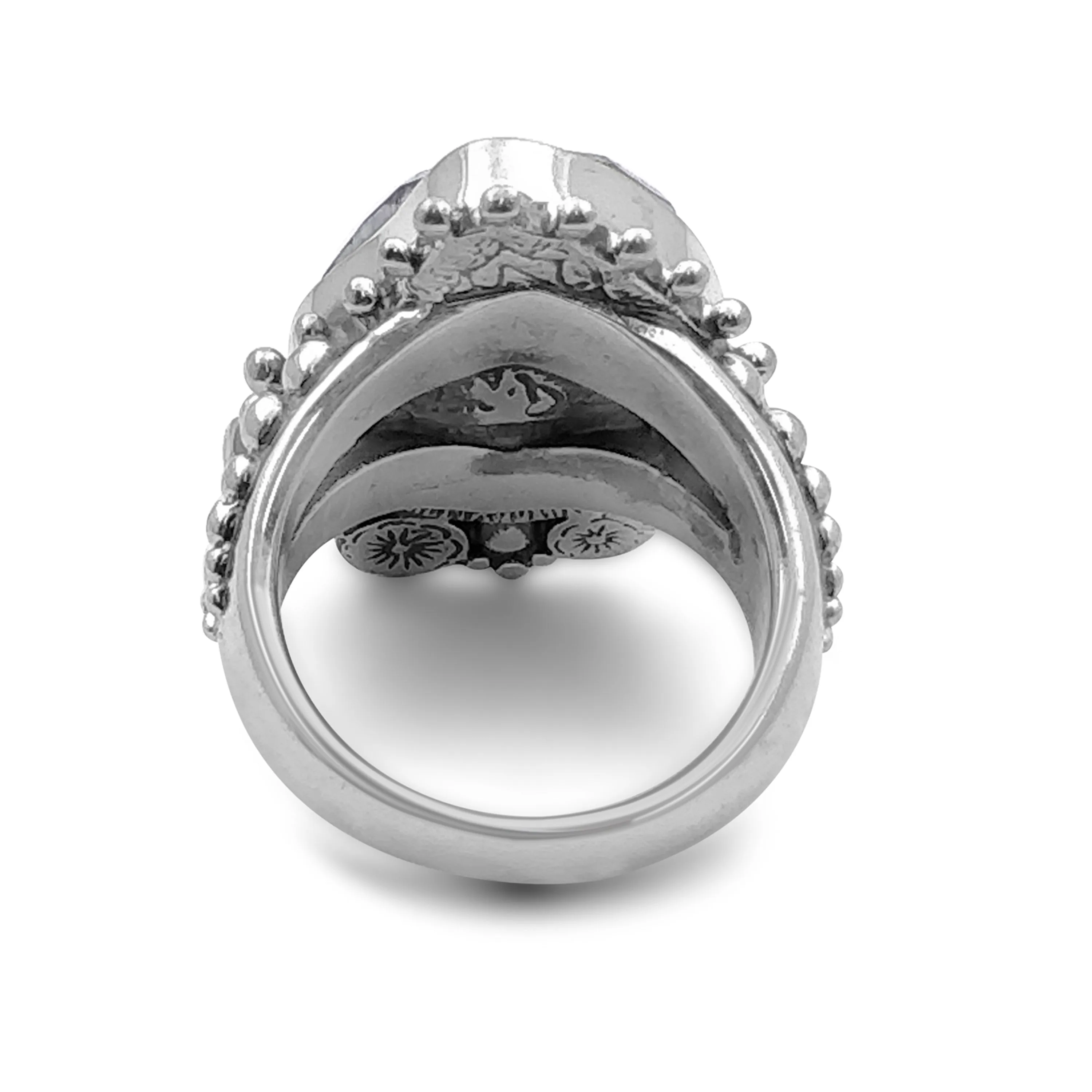 Carventurous Black Agate, Rock Crystal, White Pearl Carved Ring in Sterling Silver