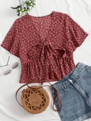Cherry Vibes Blusa con Volante y Lazo para Año Nuevo en