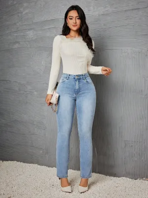 Cherry Vibes: Jeans Ajustados De Mezclilla Lavada en