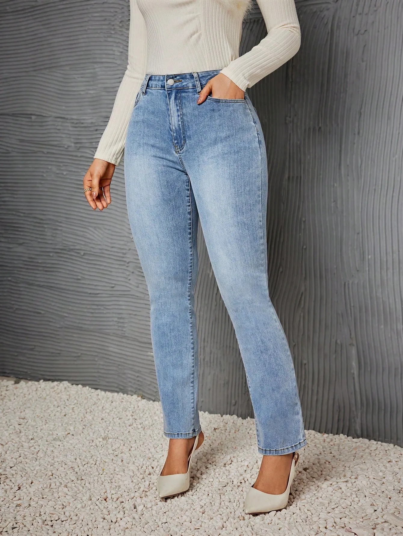 Cherry Vibes: Jeans Ajustados De Mezclilla Lavada en