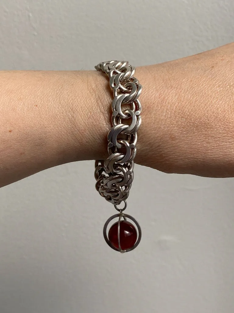 Chunky Sterling Silver Double Link Bracelet with Orb charm - 8 inch length