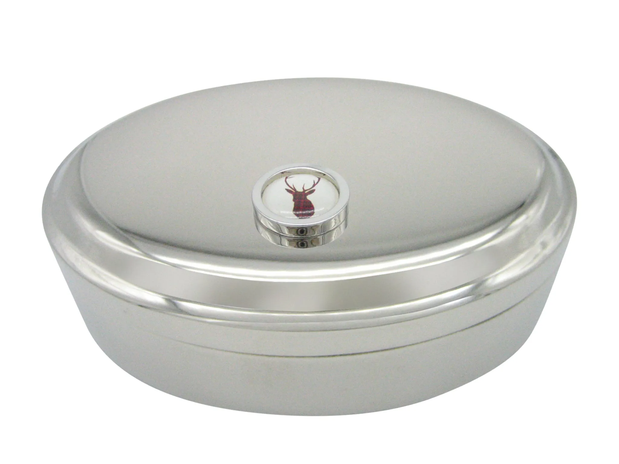 Circular Dark Red Stag Deer Head Pendant Oval Trinket Jewelry Box
