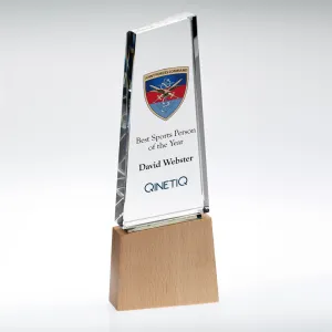Colour Print Personalised Clear Glass Pointed Block Award On Light Wood Base (32mm Thick)