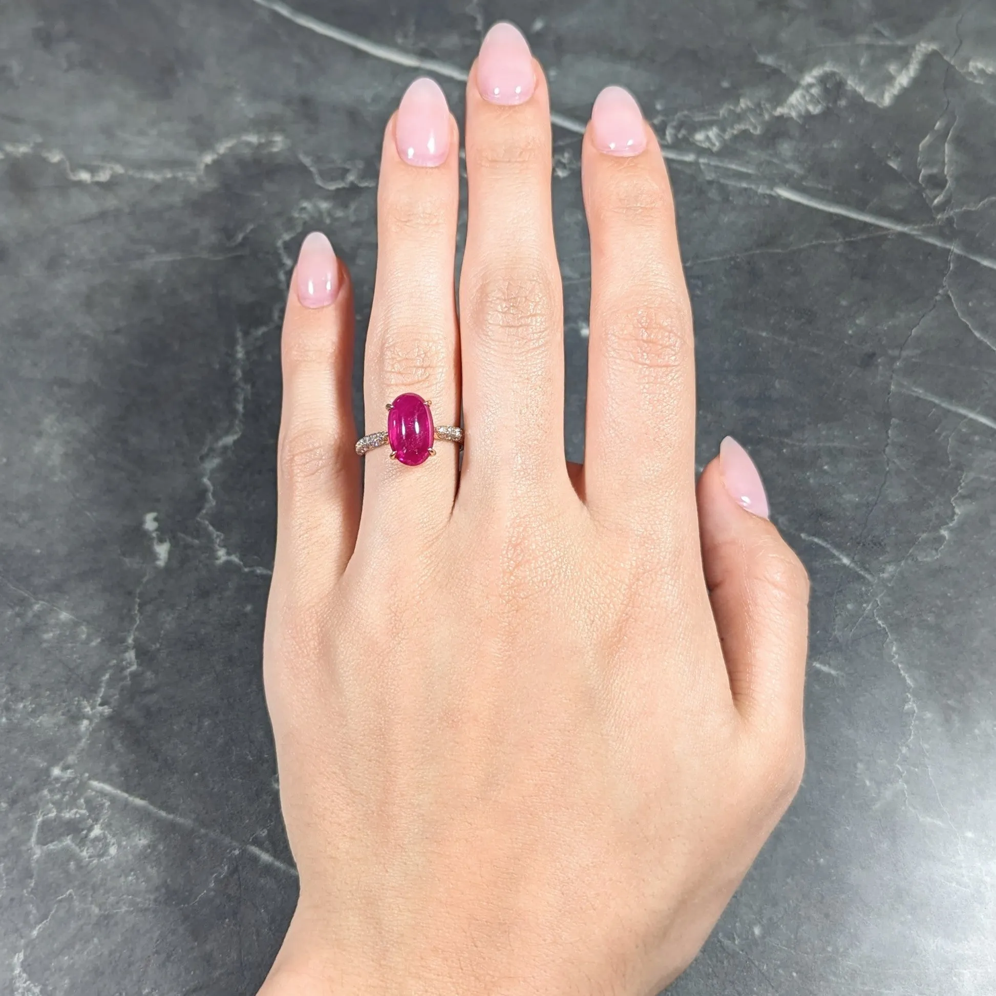 Contemporary 5.68 CTW Ruby Cabochon Diamond 18 Karat Rose Gold Gemstone Ring