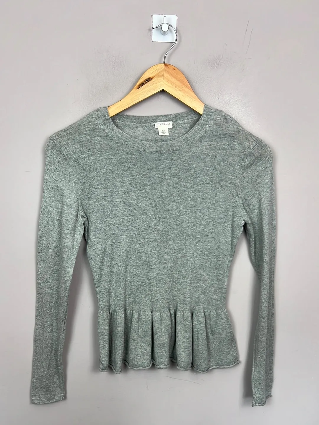 Crew grey peplum hem jumper pink heart elbows 12y