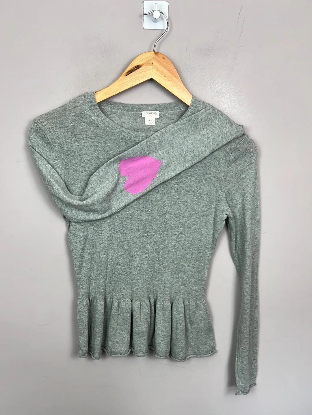 Crew grey peplum hem jumper pink heart elbows 12y