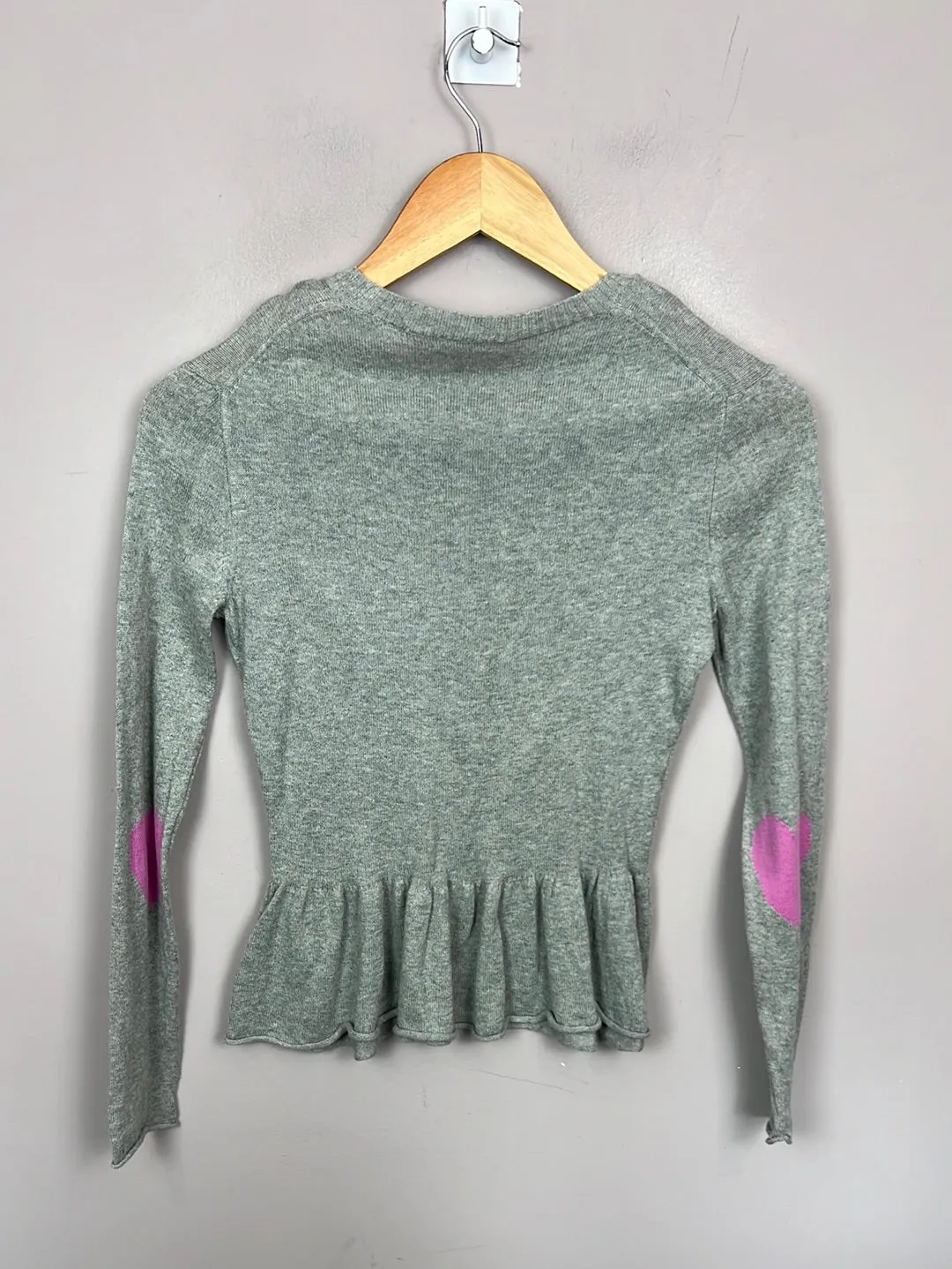 Crew grey peplum hem jumper pink heart elbows 12y