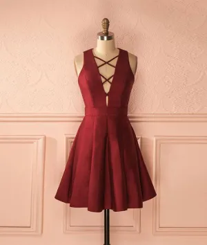 Cute burgundy short prom dress, simple homecoming dress