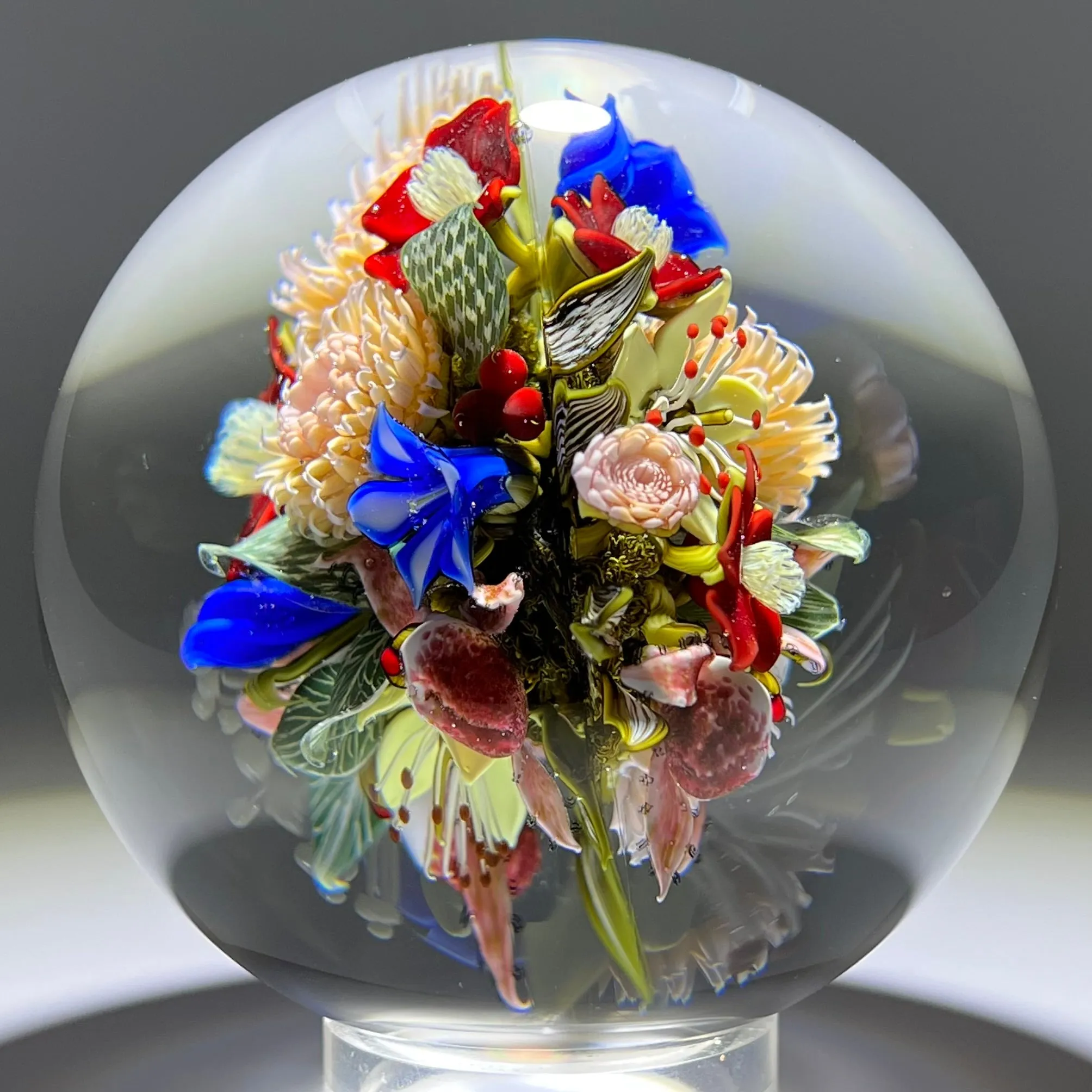 David Graeber 2016 Magnum Flamework Double Sided Flower Bouquet Glass Art Orb Sculpture