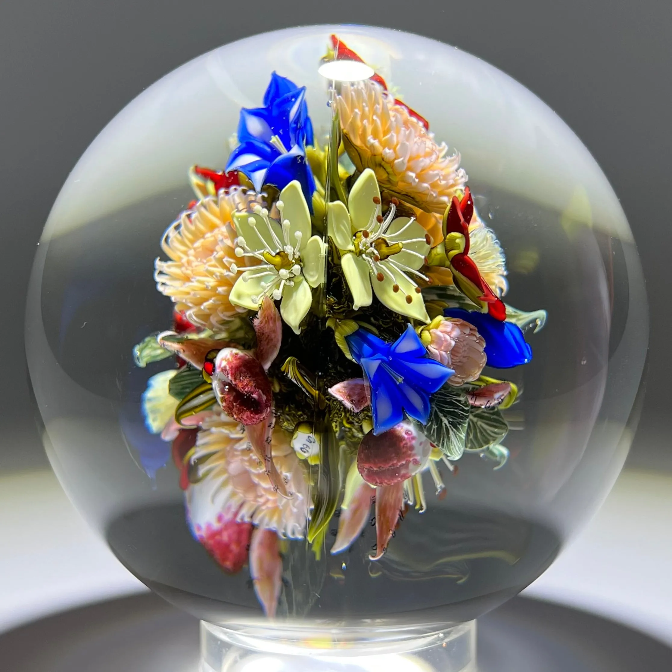 David Graeber 2016 Magnum Flamework Double Sided Flower Bouquet Glass Art Orb Sculpture