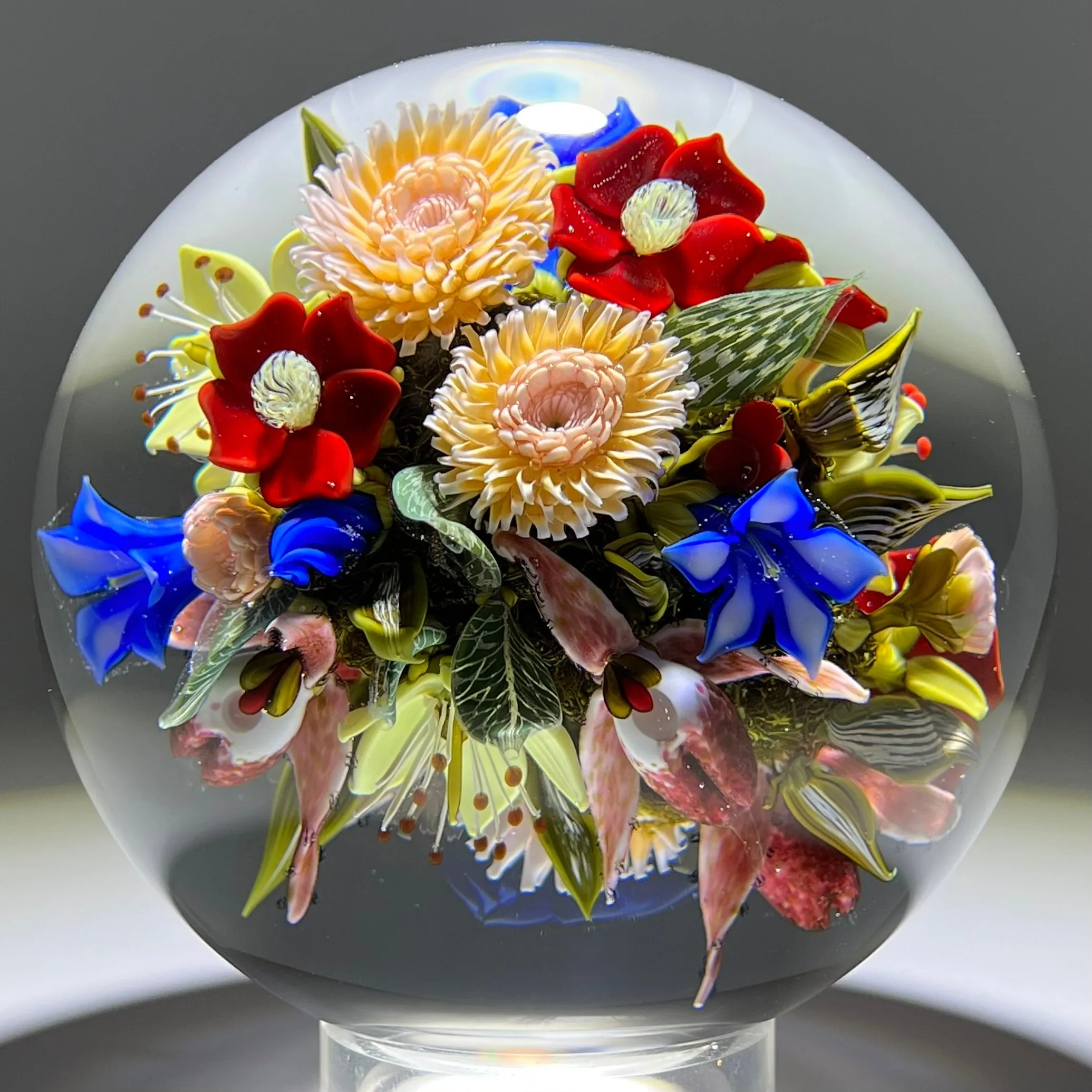 David Graeber 2016 Magnum Flamework Double Sided Flower Bouquet Glass Art Orb Sculpture