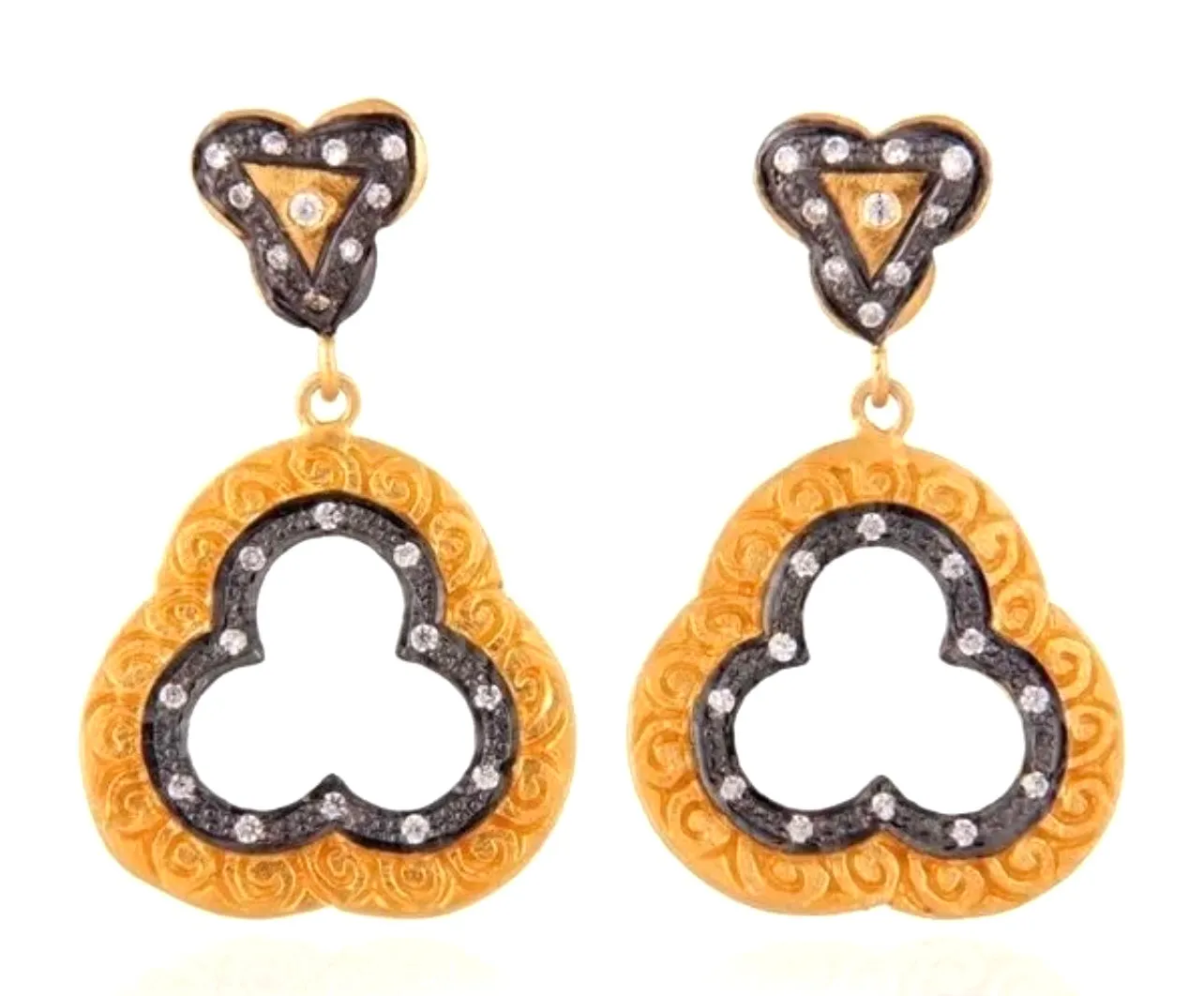 Elegant 22k Gold Vermeil Black Rhodium & White Zirconia Dangle Earrings 2"