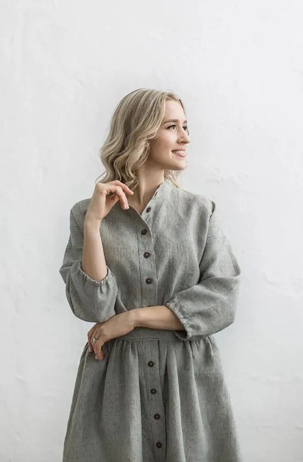 Elegant Kimono Sleeves Striped Linen Dress