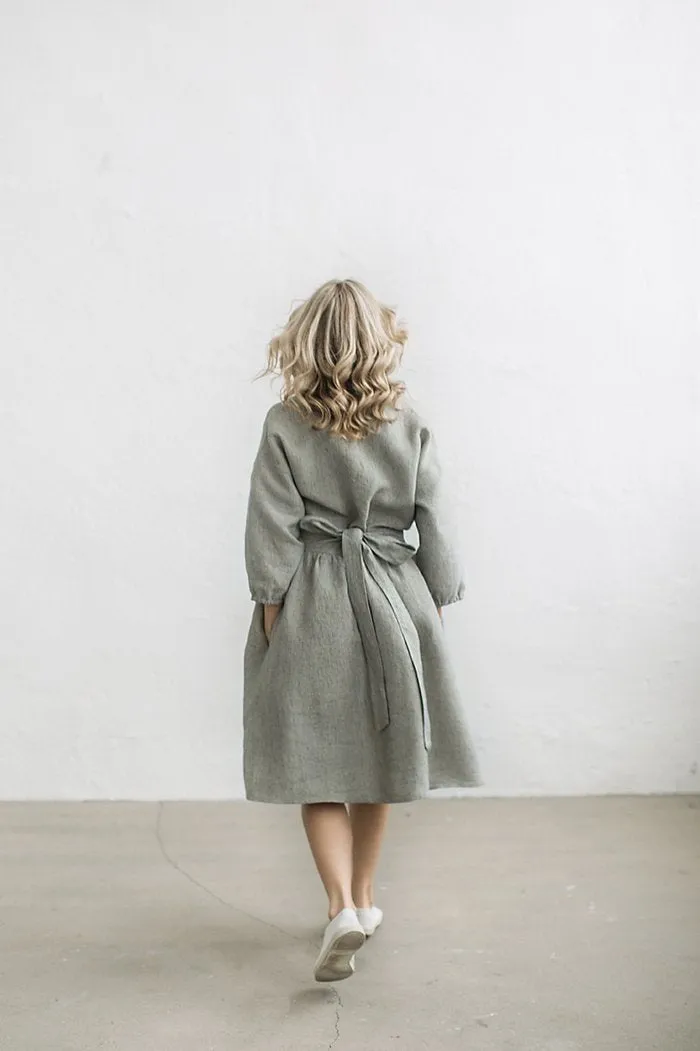 Elegant Kimono Sleeves Striped Linen Dress