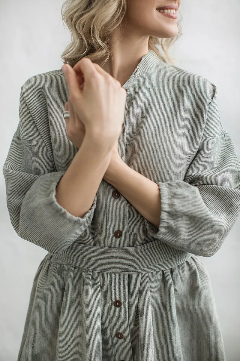 Elegant Kimono Sleeves Striped Linen Dress