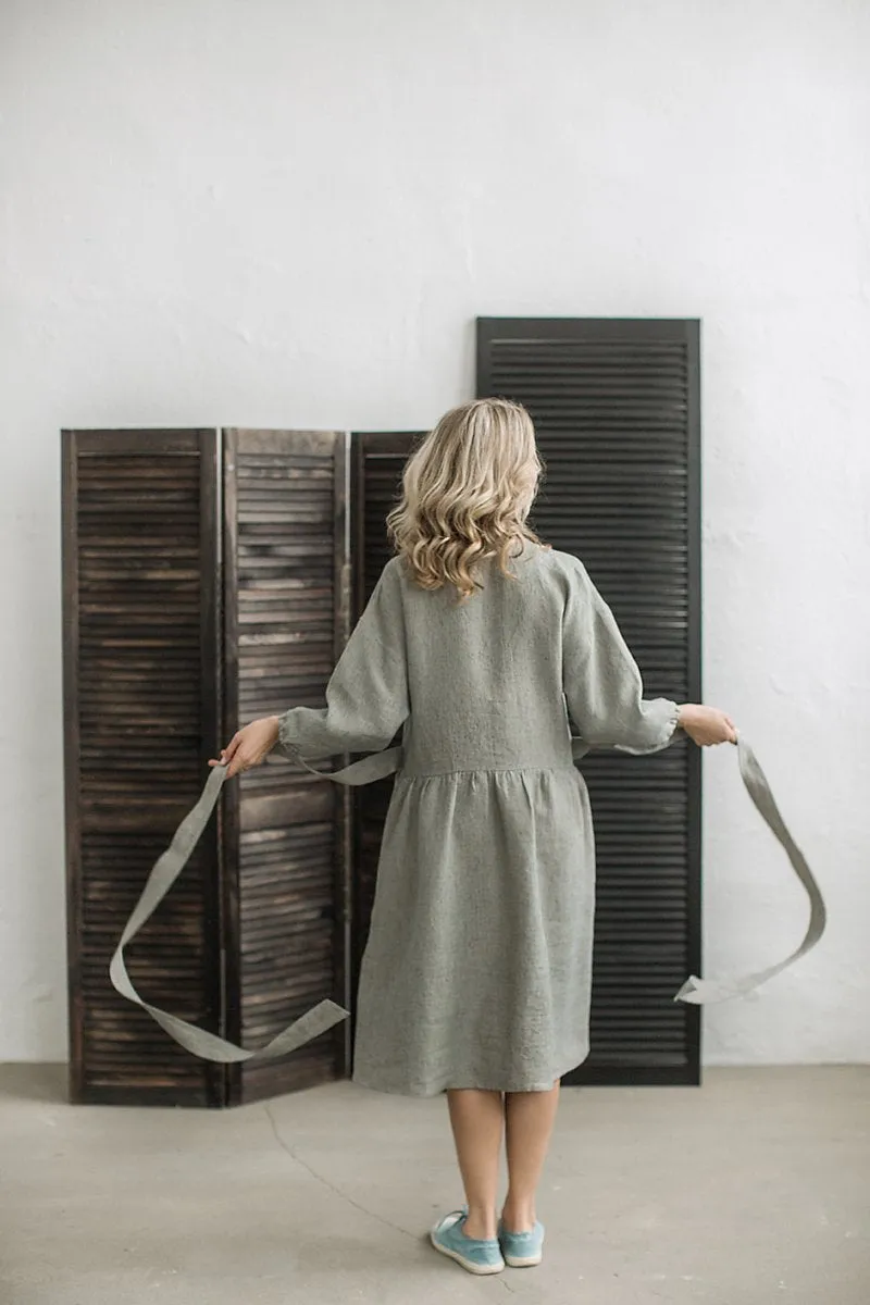 Elegant Kimono Sleeves Striped Linen Dress