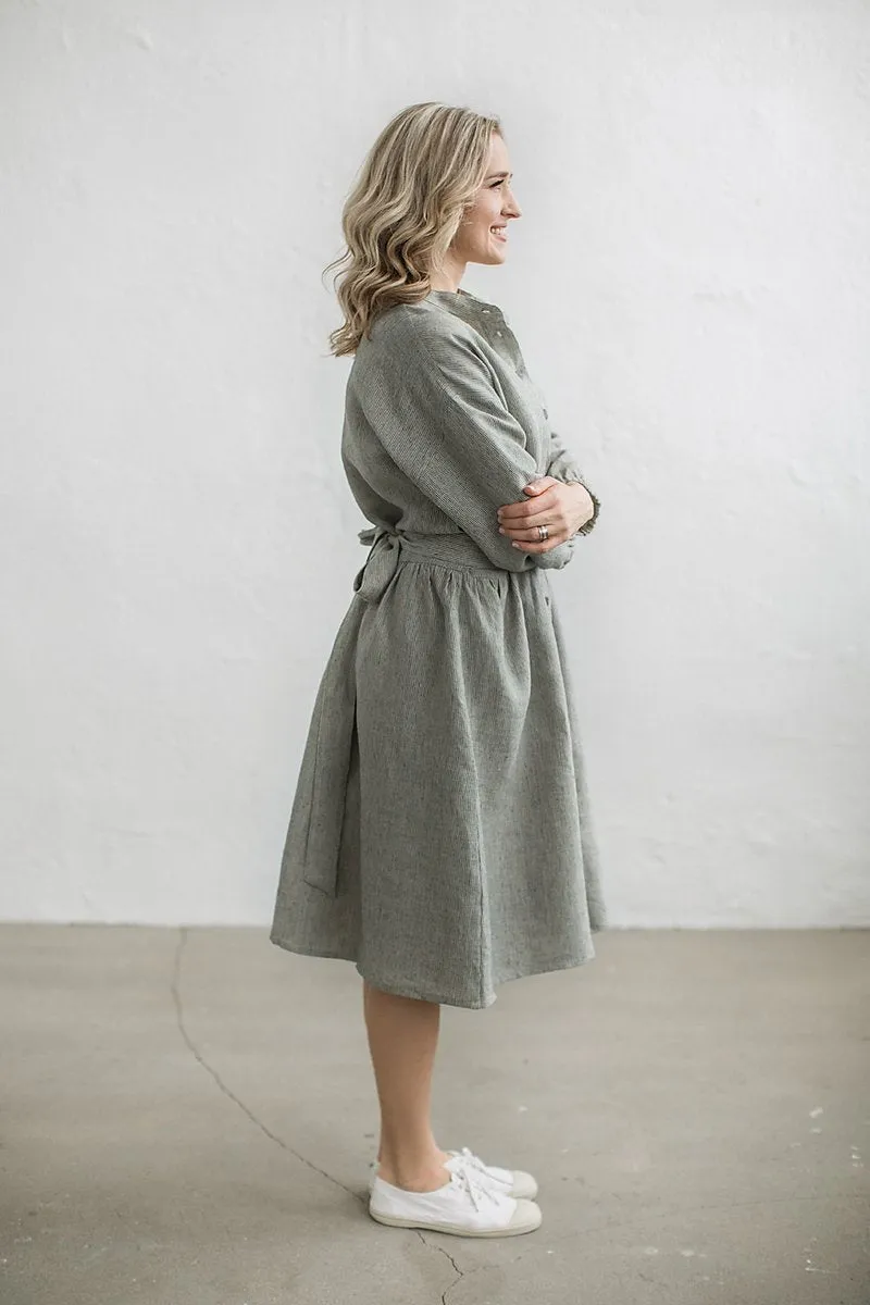 Elegant Kimono Sleeves Striped Linen Dress
