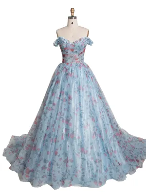 Elegant Off Shoulder Floral Printed Sweep Train Prom Dress YE3023